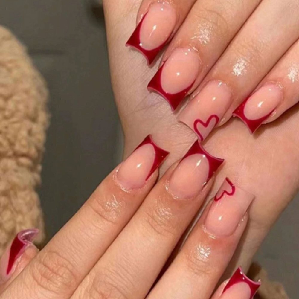 Square Tip Red and Beige Heart Accent 24 Piece Press on Nails